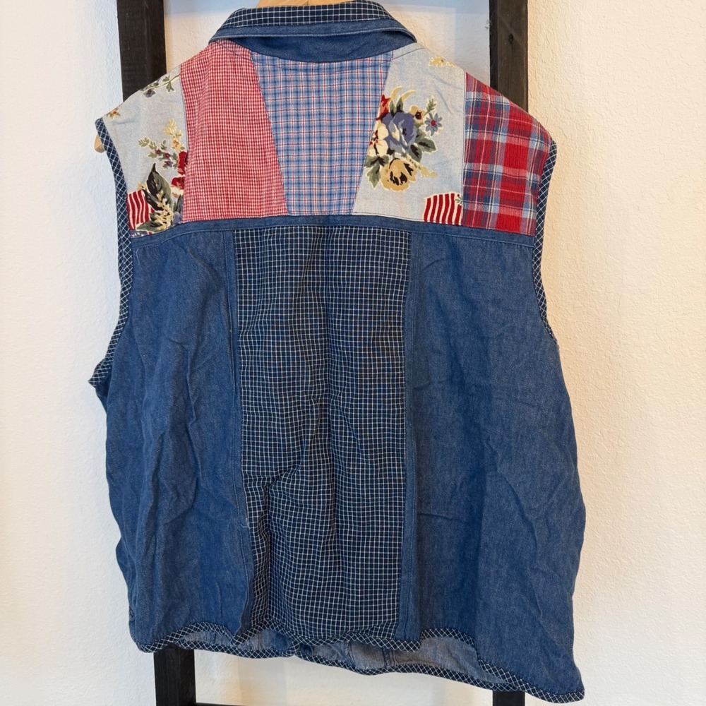 Vintage Patchwork Denim Vest Koret City Blues Womens 22W Plaid Floral Blue - Picture 5 of 8